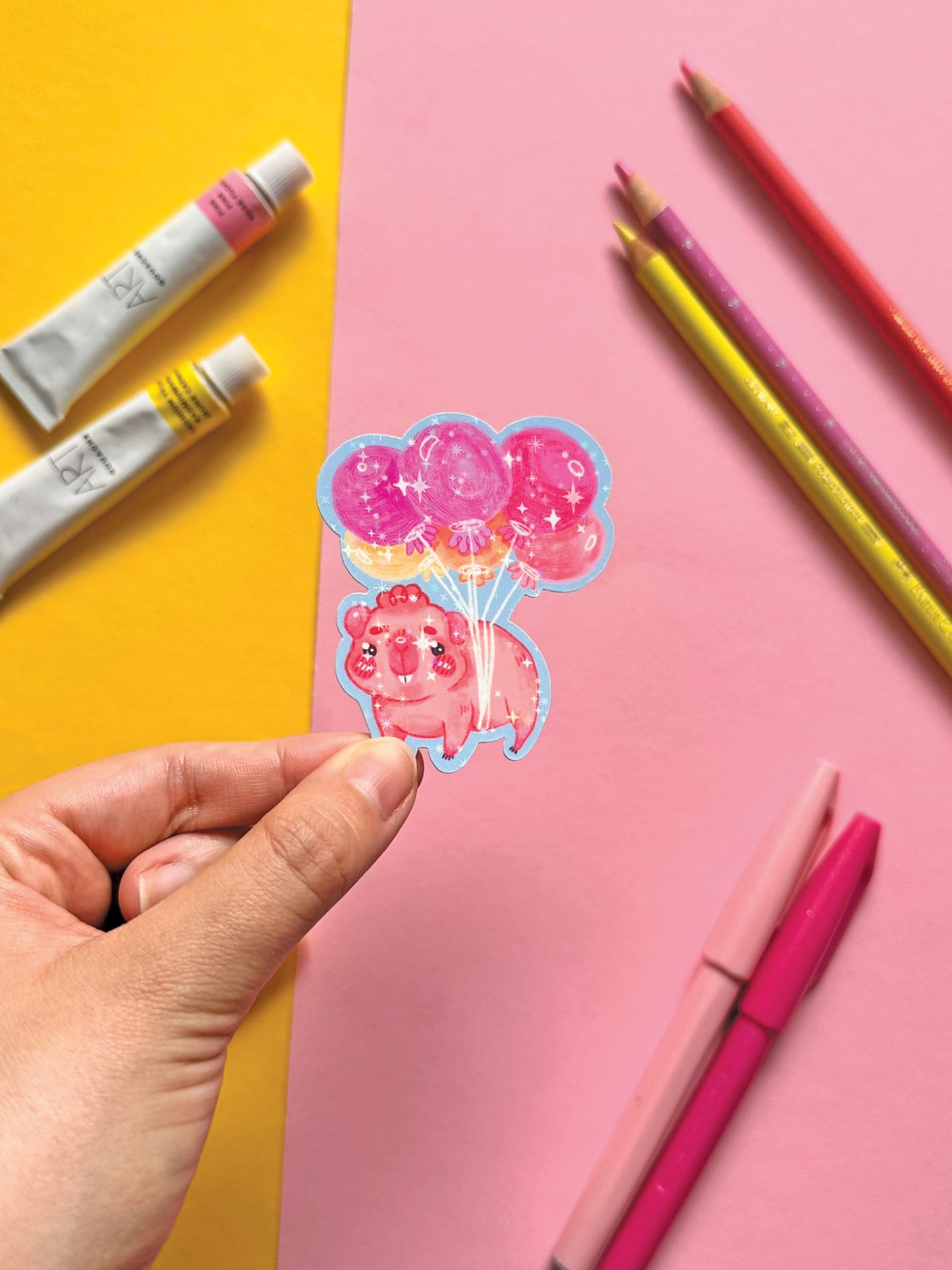 Kawaii Guinea Pig Sticker with Balloons, Holographic Glitter Vinyl Decal for Stationery Decor