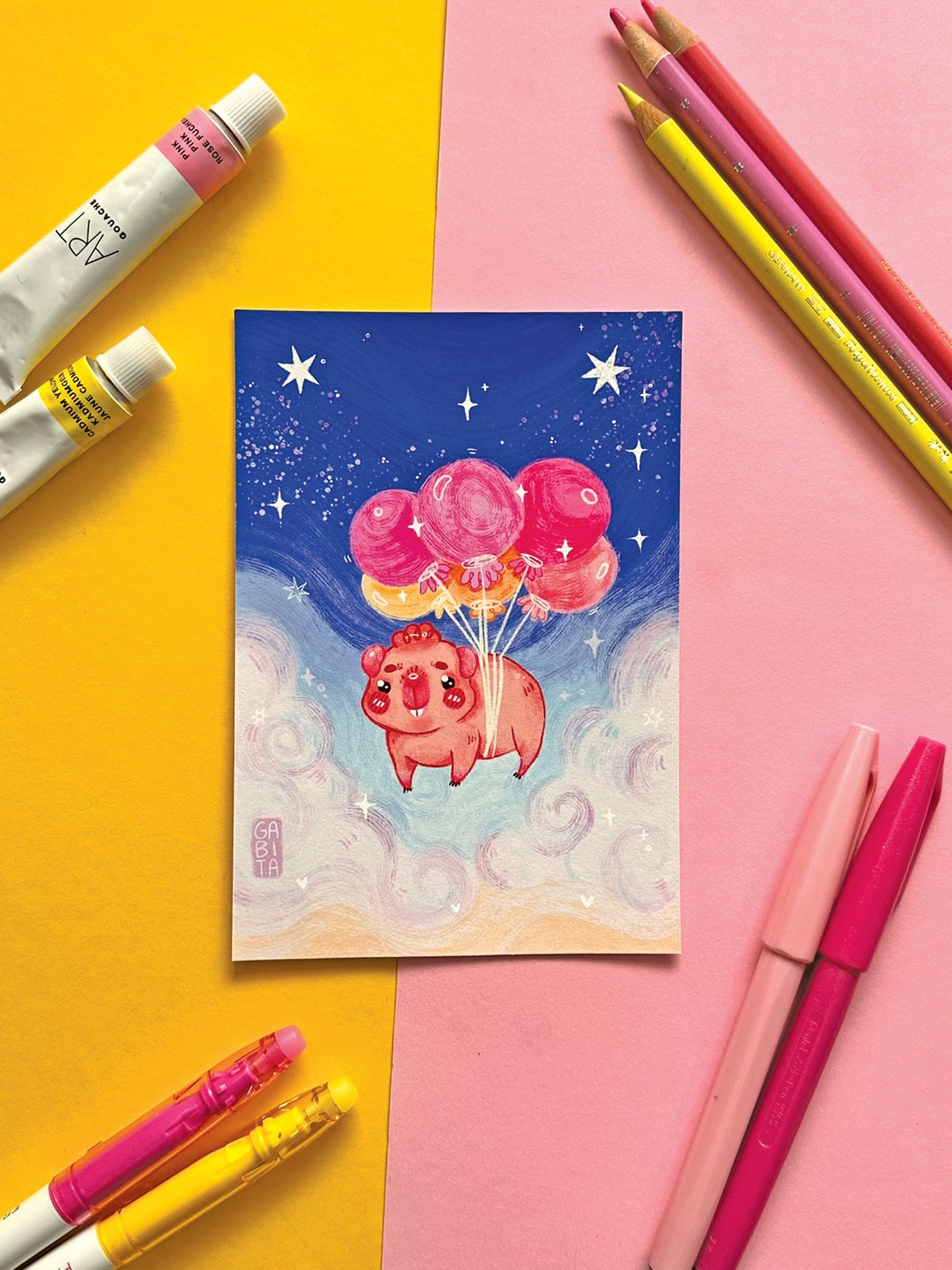 Kawaii Guinea Pig with Balloons Art Print, Adorable Hand-Drawn Illustration