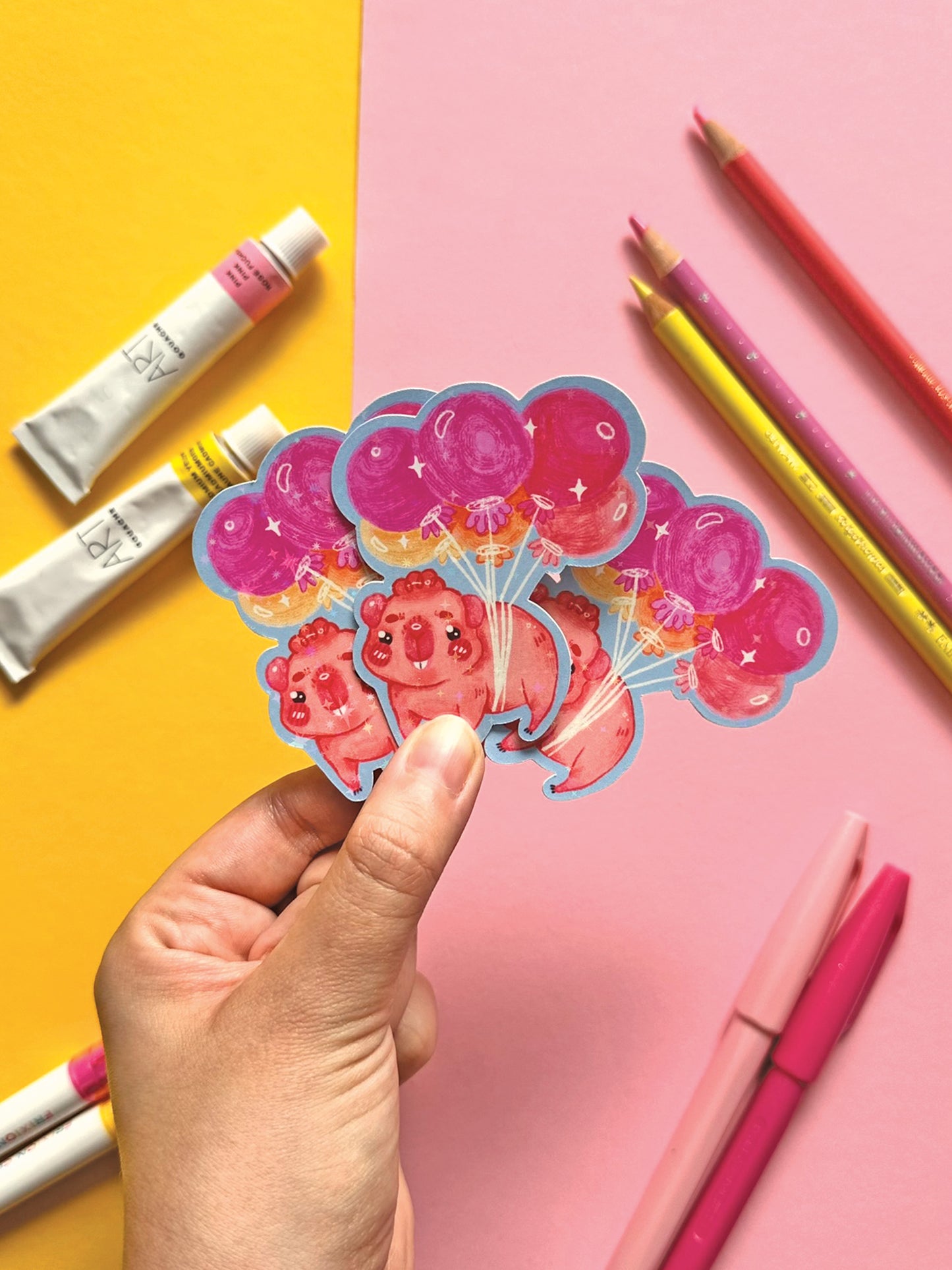 Kawaii Guinea Pig Sticker with Balloons, Holographic Glitter Vinyl Decal for Stationery Decor