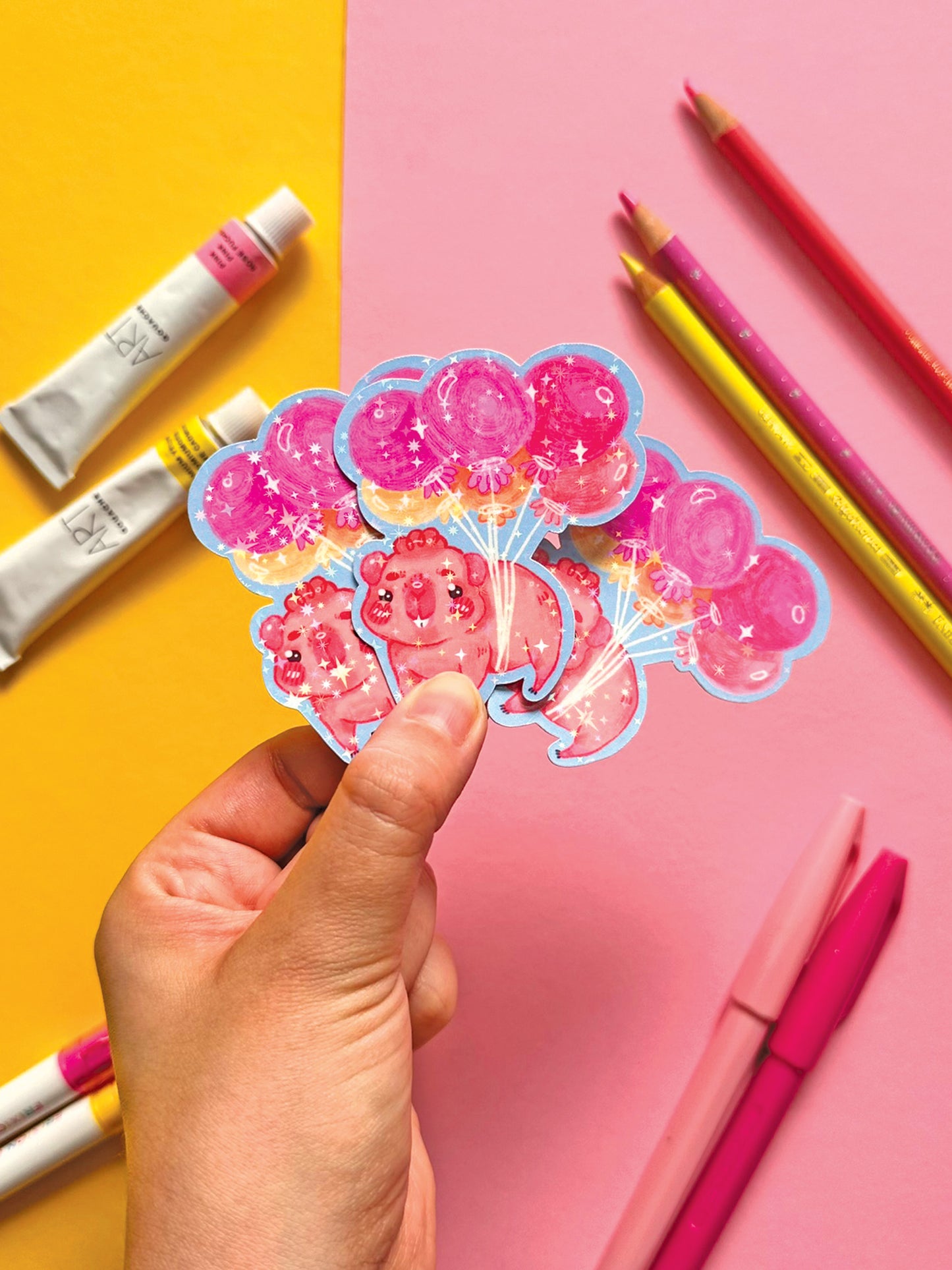 Kawaii Guinea Pig Sticker with Balloons, Holographic Glitter Vinyl Decal for Stationery Decor