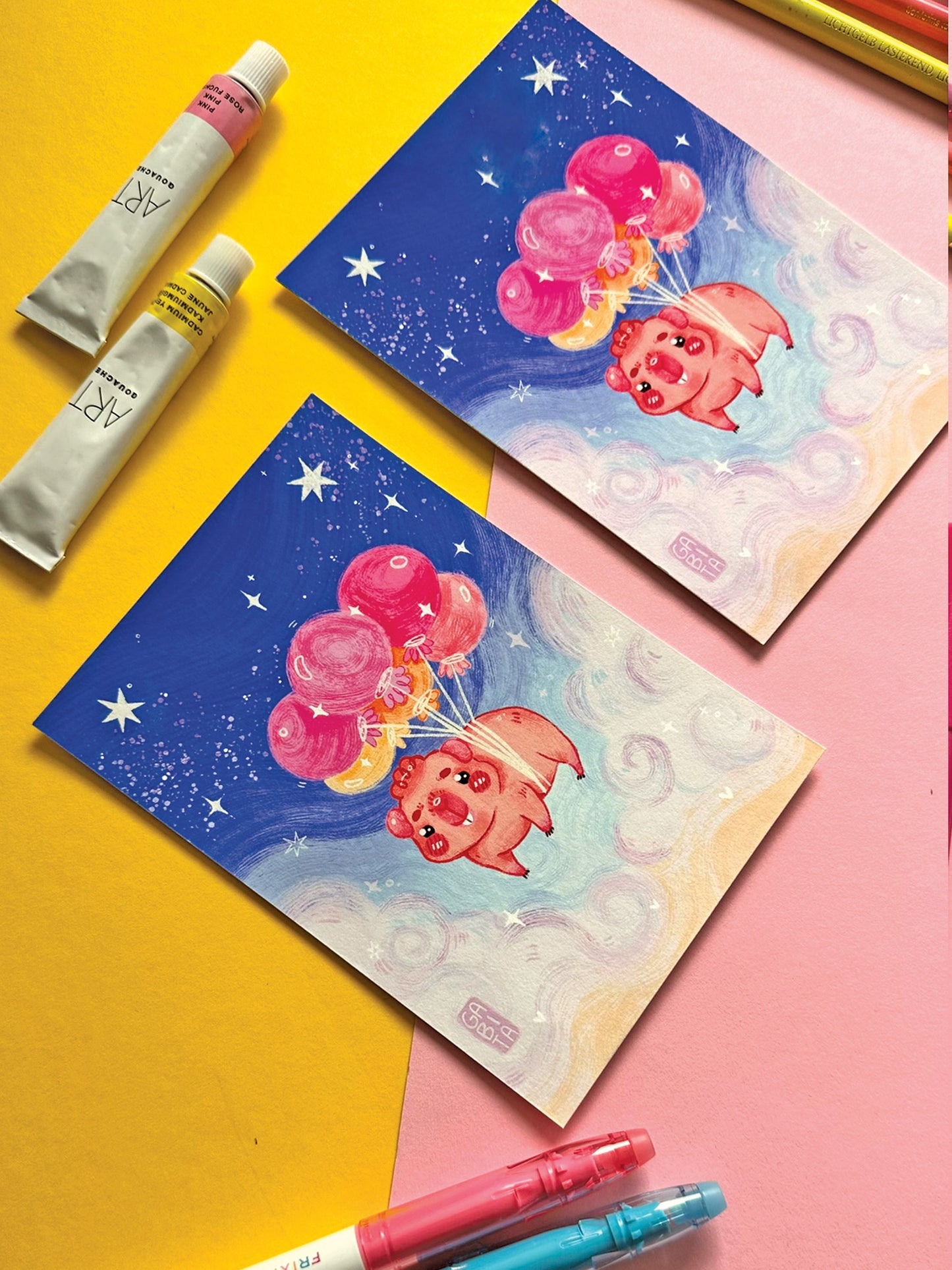 Kawaii Guinea Pig with Balloons Art Print, Adorable Hand-Drawn Illustration