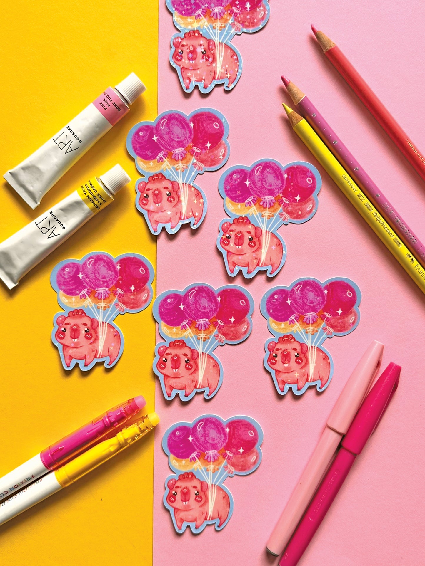 Kawaii Guinea Pig Sticker with Balloons, Holographic Glitter Vinyl Decal for Stationery Decor