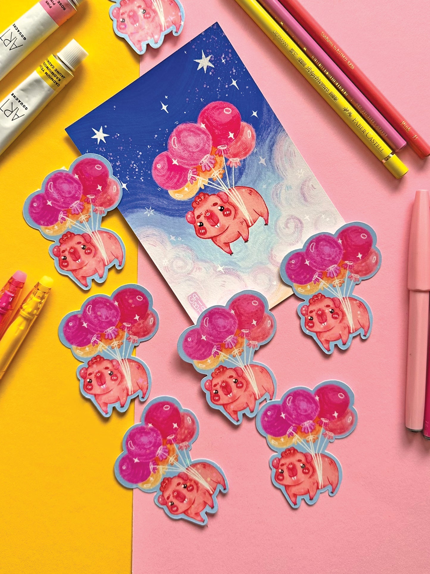 Kawaii Guinea Pig with Balloons Art Print, Adorable Hand-Drawn Illustration