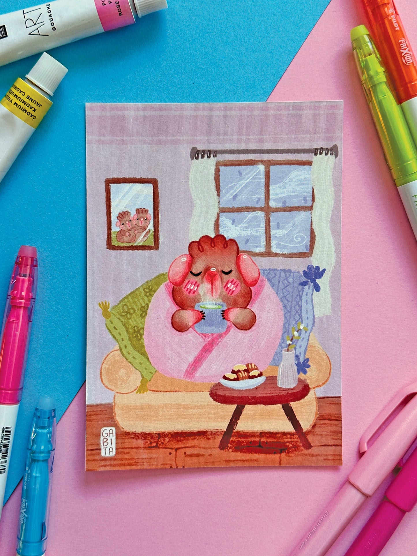 Cozy Guinea Pig | Matcha Latte | A6 Art Print | Hand Drawn Illustration, Home decor, cute, cozy, animal, guinea pig