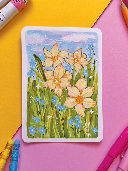 Yellow Daffodil Original Artwork A6, Acrylic Marker, Colored Pencil, Handmade, Hand Drawn Flower Art, Colorful Botanical Drawing, Art Gift