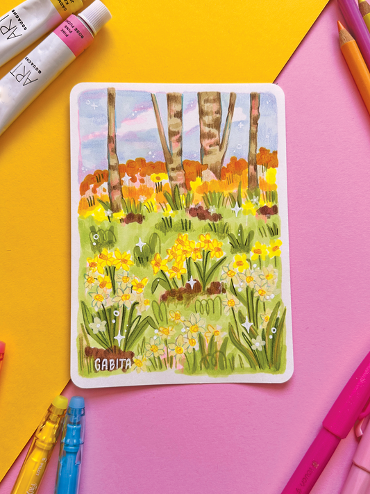 Yellow Daffodil Original Artwork A6, Acrylic Marker, Colored Pencil, Handmade, Hand Drawn Flower Art, Colorful Botanical Drawing, Art Gift