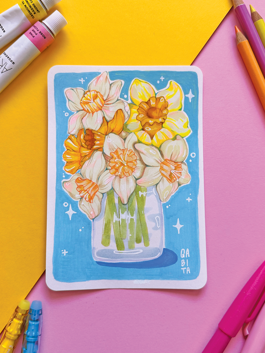 Yellow Daffodil Original Artwork A6, Acrylic Marker, Colored Pencil, Handmade, Hand Drawn Flower Art, Colorful Botanical Drawing, Art Gift