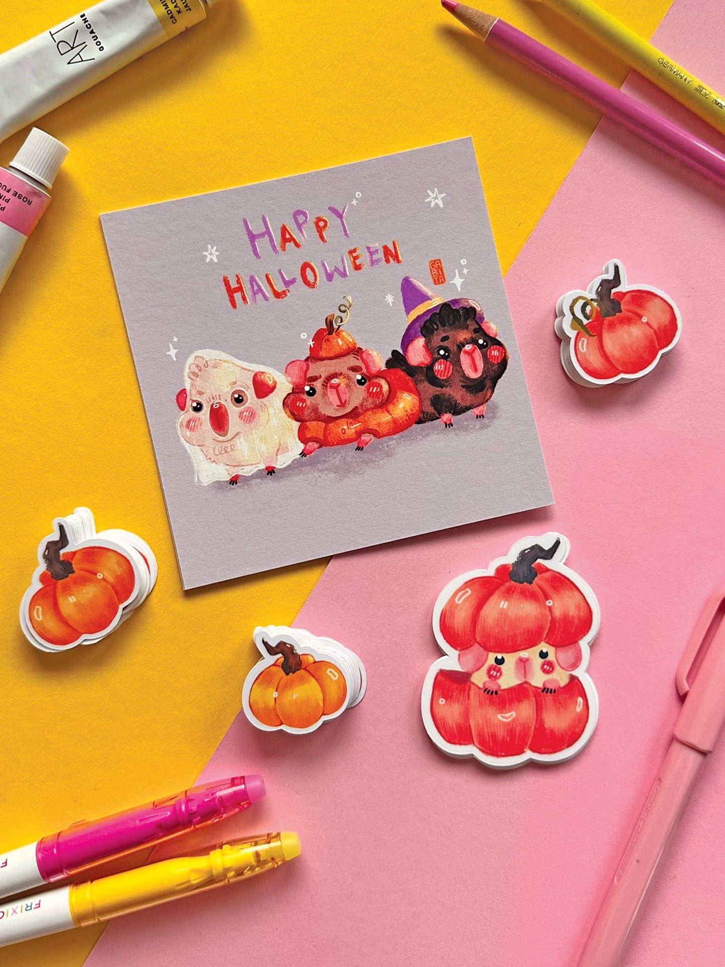 Happy Halloween Art Print: Kawaii Witch Ghost Pumpkin Guinea Pig Illustration