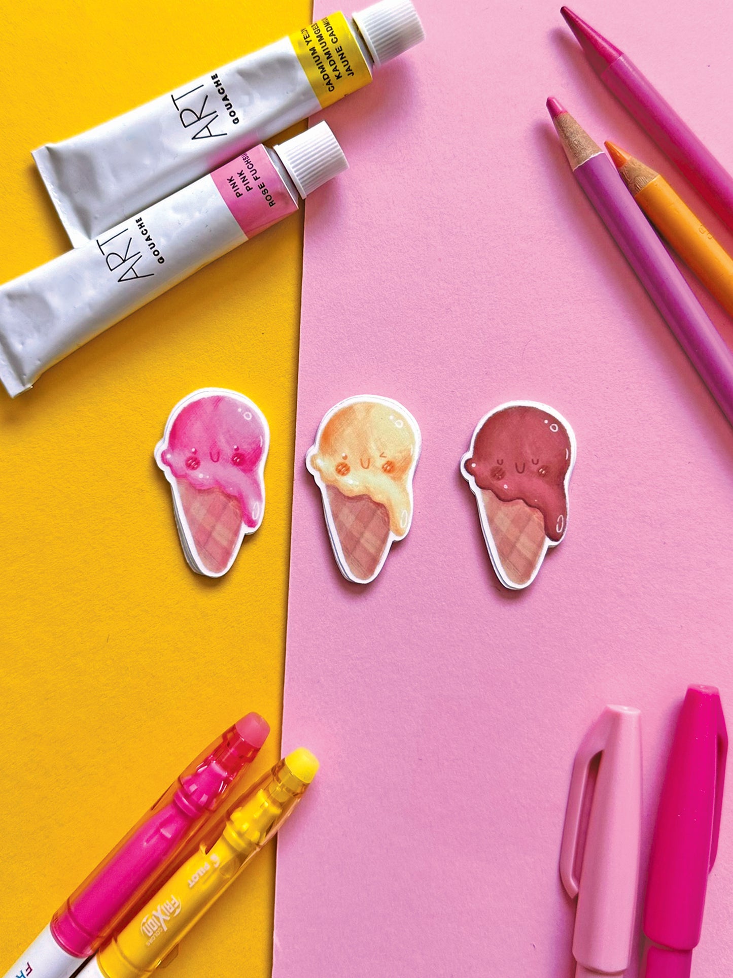 Set of 3 Kawaii Ice Cream Stickers, Strawberry Vanilla Chocolate, Cute Vinyl Decals, Stationery Decoration