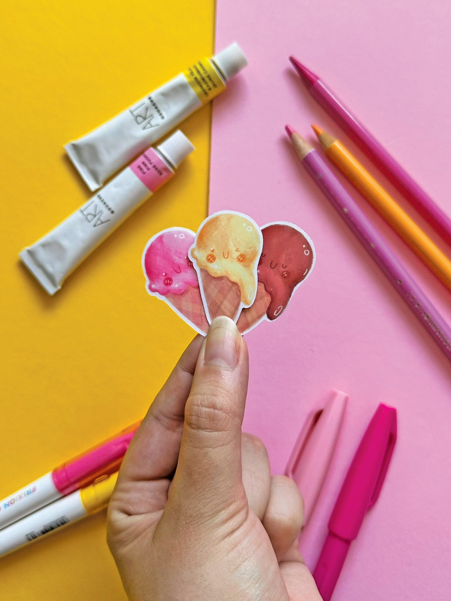 Set of 3 Kawaii Ice Cream Stickers, Strawberry Vanilla Chocolate, Cute Vinyl Decals, Stationery Decoration