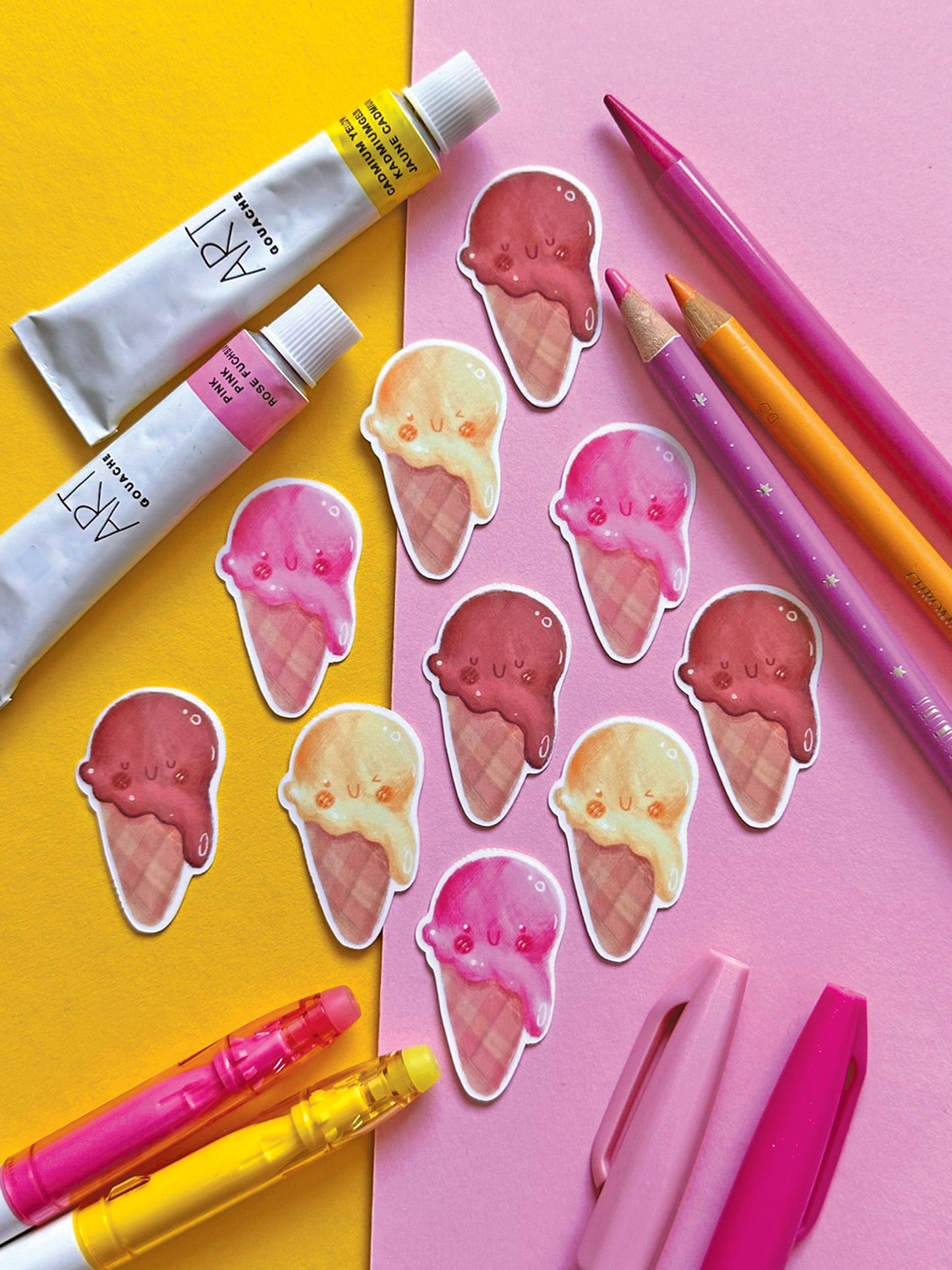 Set of 3 Kawaii Ice Cream Stickers, Strawberry Vanilla Chocolate, Cute Vinyl Decals, Stationery Decoration