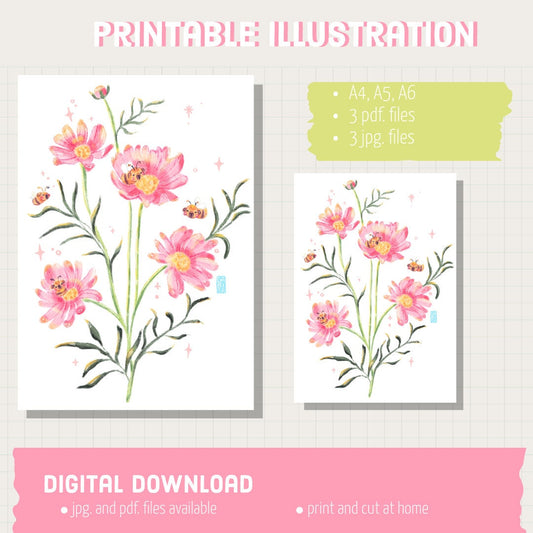 Cosmos and Bees | Flower Illustration | Art Print | Digital Artwork | cute art, guinea pig art, pet portrait, wall decor, flower art