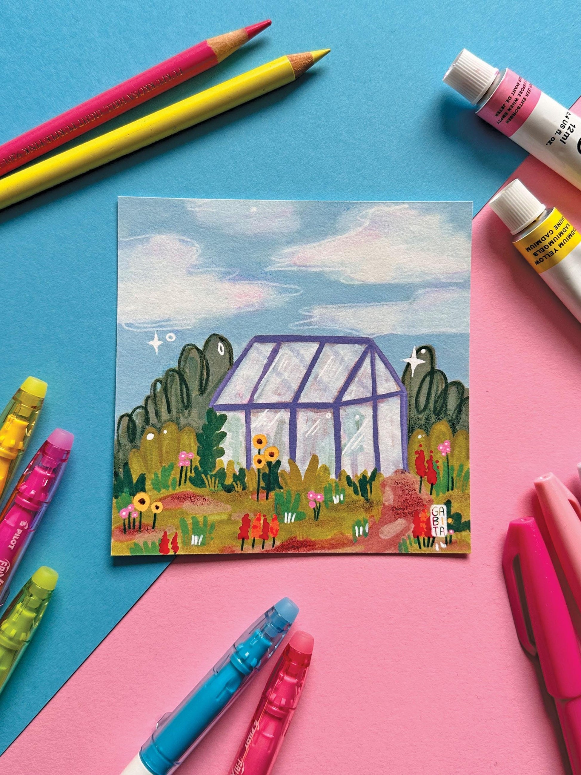 Little Greenhouse | Square Art Print | Hand Drawn Illustration, Home decor, cute, cozy, floral art