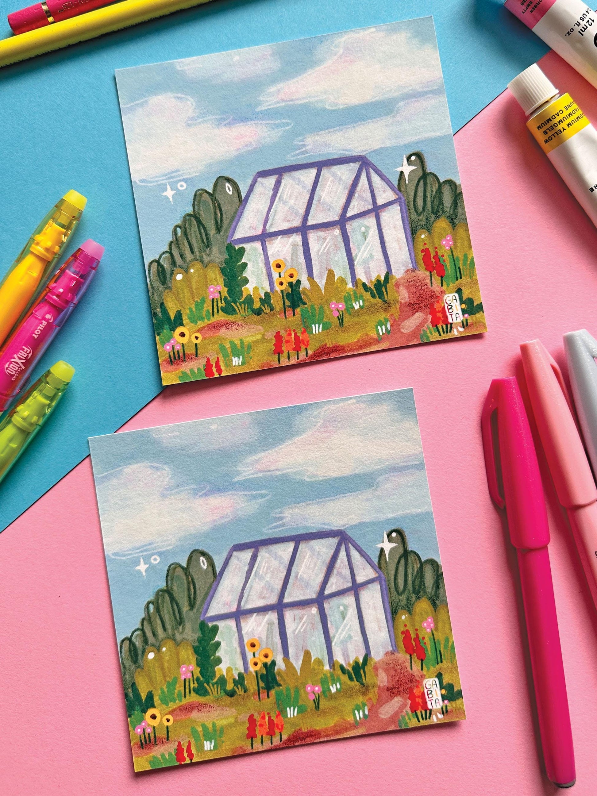 Little Greenhouse | Square Art Print | Hand Drawn Illustration, Home decor, cute, cozy, floral art