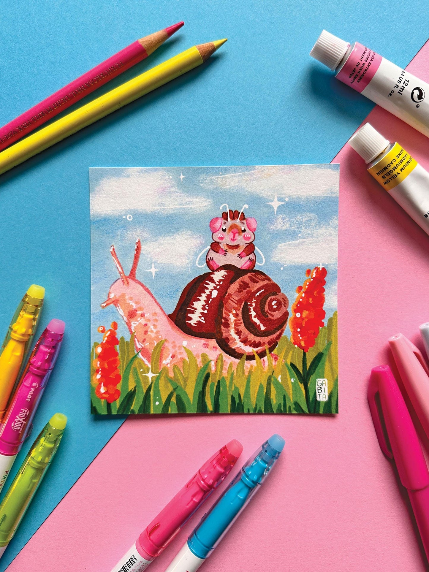 Take it slow | Fairy Pig | Square Art Print | Hand Drawn Illustration, Home decor, cute, cozy, animal, guinea pig, floral art