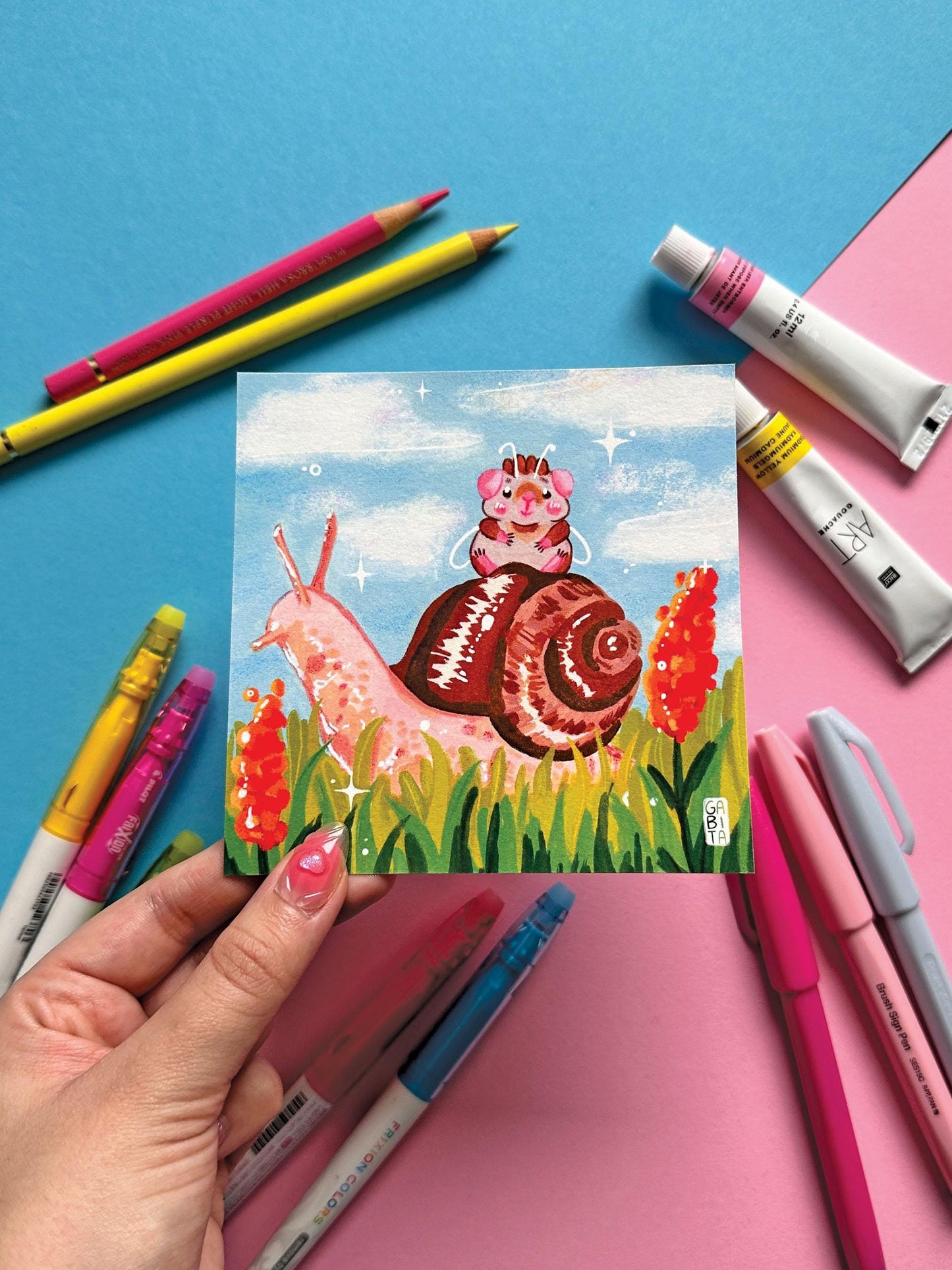 Take it slow | Fairy Pig | Square Art Print | Hand Drawn Illustration, Home decor, cute, cozy, animal, guinea pig, floral art