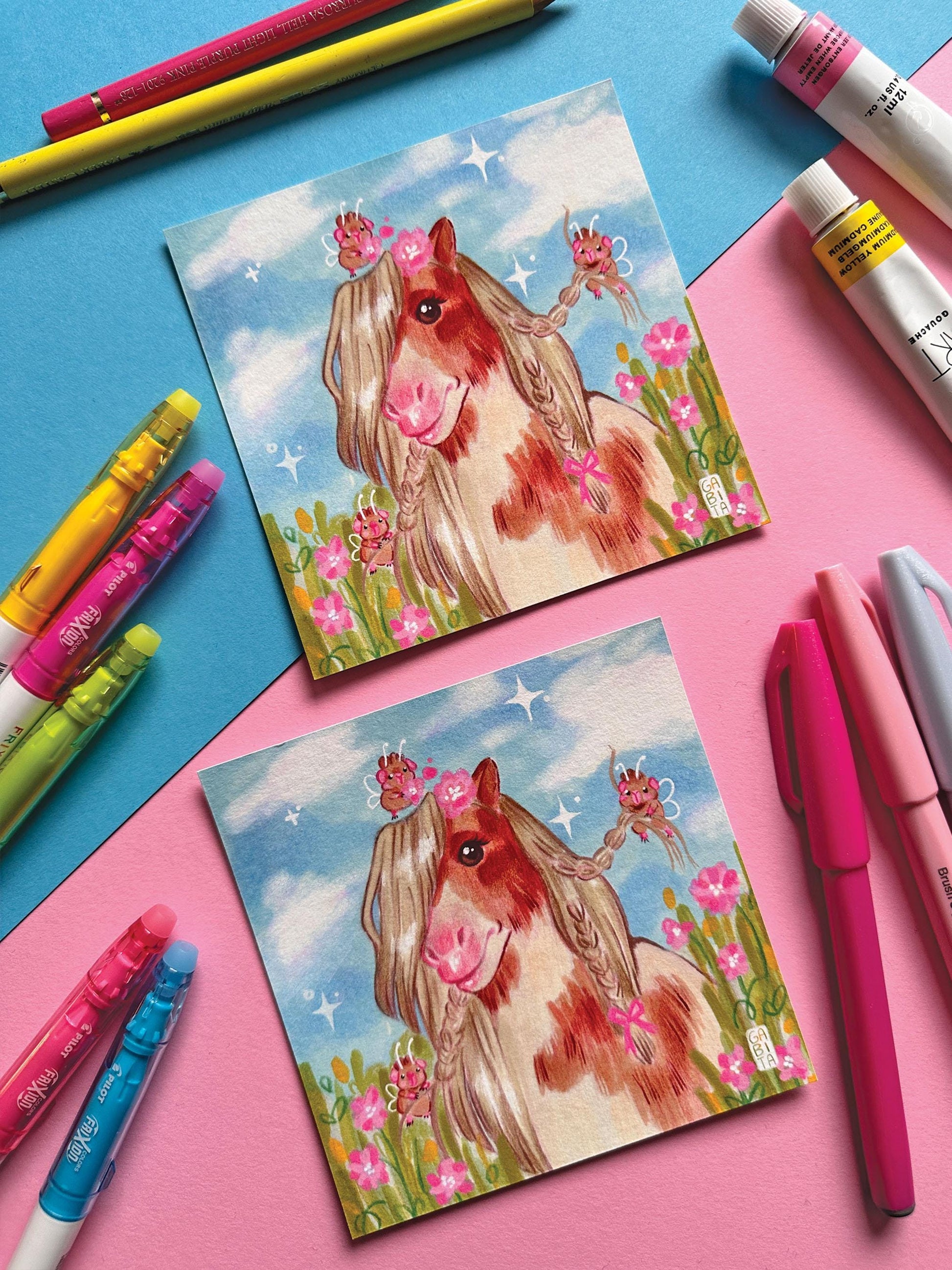 Pretty Pony | Square Art Print | Hand Drawn Illustration, Home decor, cute, cozy, animal, guinea pig, pony, wholesome art