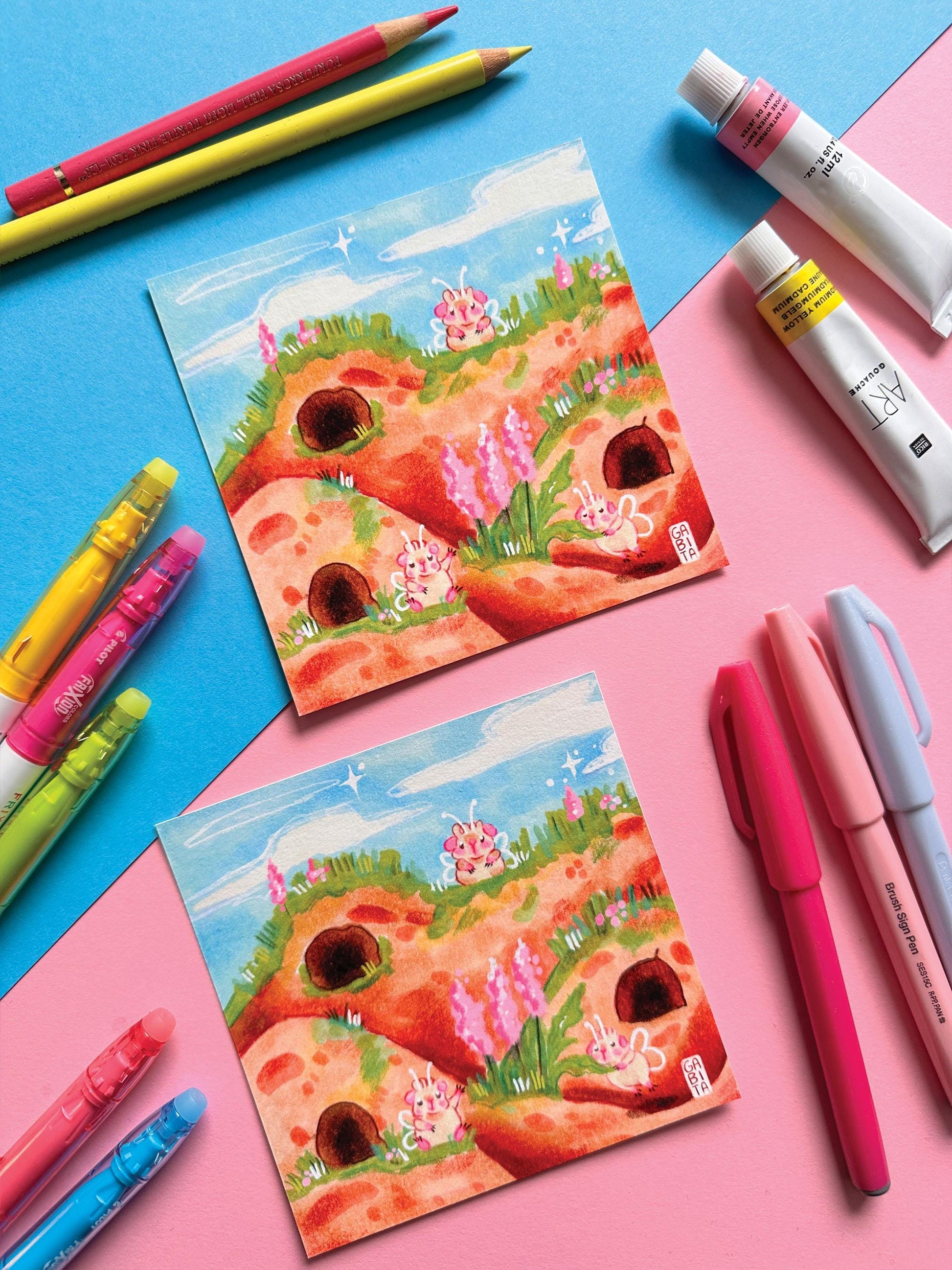 Village of Fairy Pigs | Square Art Print | Hand Drawn Illustration, Home decor, cute, cozy, animal, guinea pig, floral art