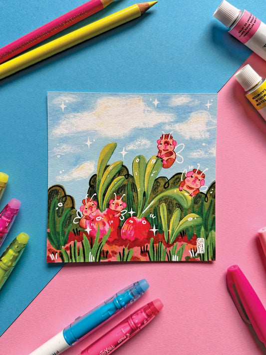 Yummy Radishes | Square Art Print | Hand Drawn Illustration, Home decor, cute, cozy, animal, guinea pig, floral art