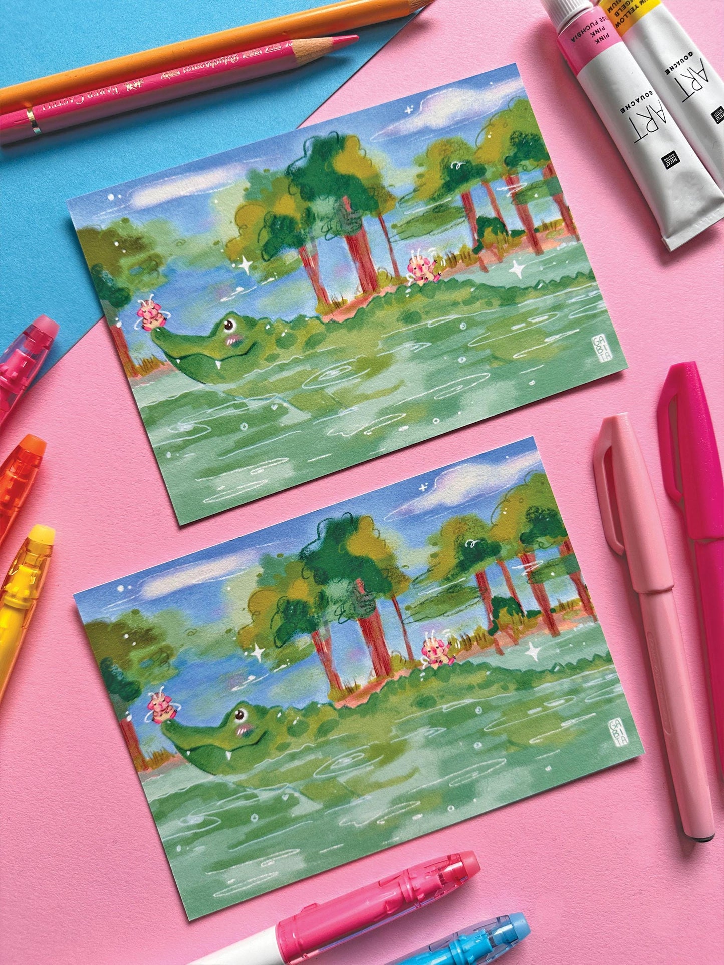 Let's be Friends | Fairy Pig | Crocodile | Art Print | Hand Drawn Illustration, Home decor, cute, cozy, animal, guinea pig