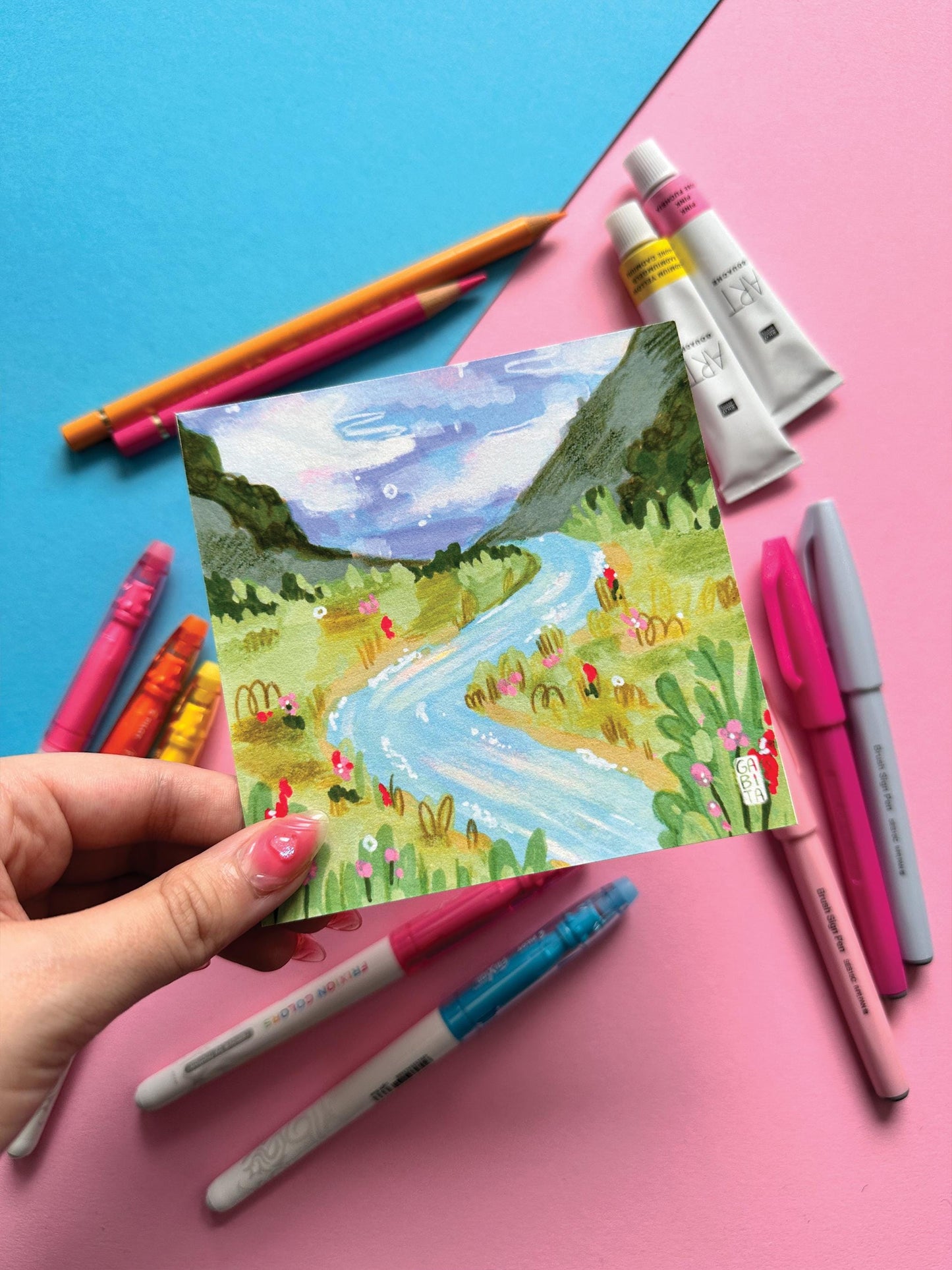 River Landscape | Square Art Print | Hand Drawn Illustration, Home decor, cute, cozy, floral art, astel aesthetic