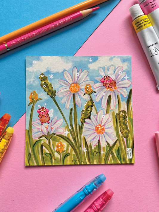 Daisy Meadow & Fairy Pigs | Square Art Print | Hand Drawn Illustration, Home decor, cute, cozy, animal, guinea pig, floral art