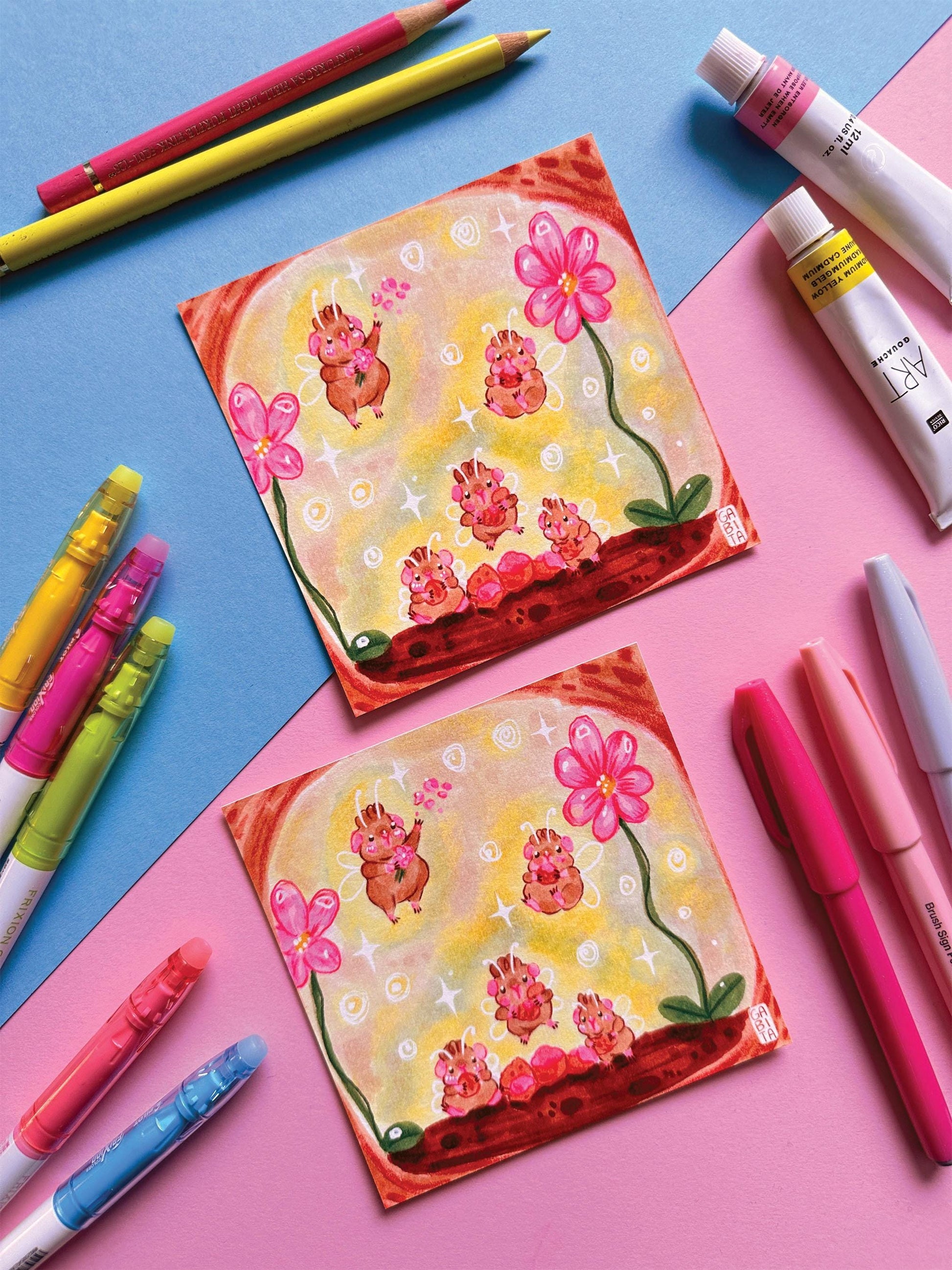 Let's have a Party | Square Art Print | Hand Drawn Illustration, Home decor, cute, cozy, animal, guinea pig, floral art