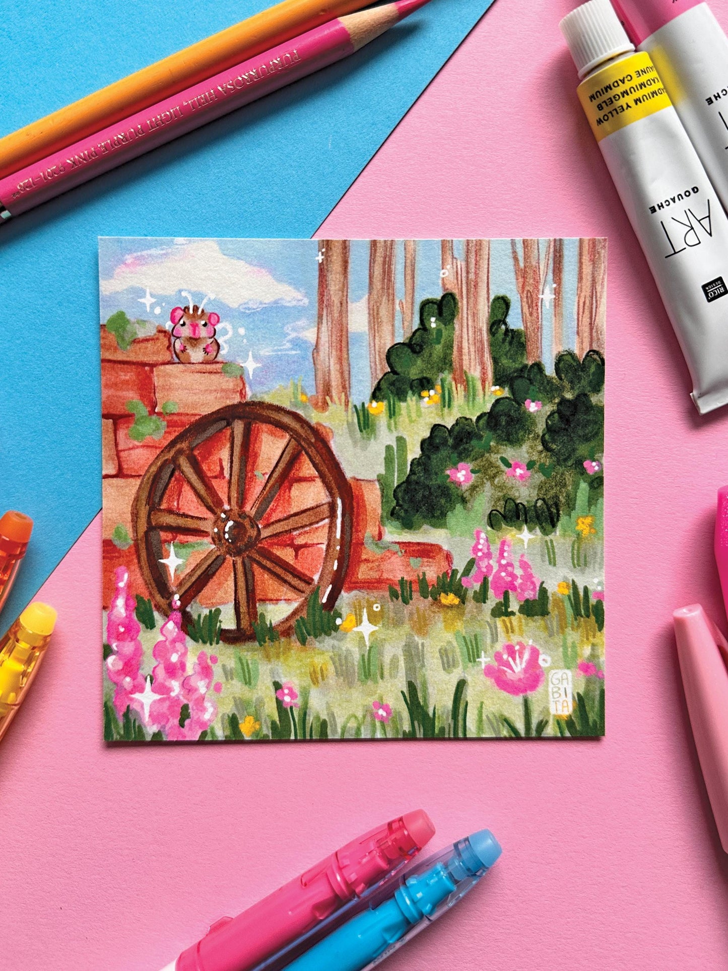 Serene Garden | Square Art Print | Hand Drawn Illustration, Home decor, cute, cozy, animal, guinea pig, floral art