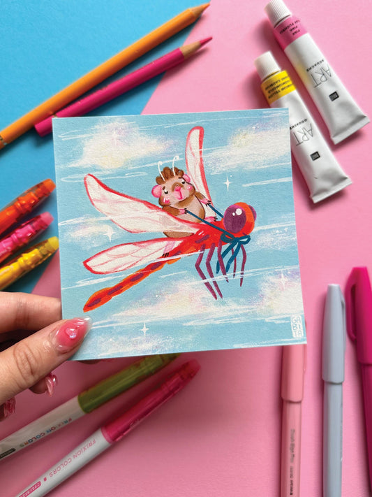 My speedy Friend | Fairy Pig | Square Art Print | Hand Drawn Illustration, Home decor, cute, cozy, animal, guinea pig,