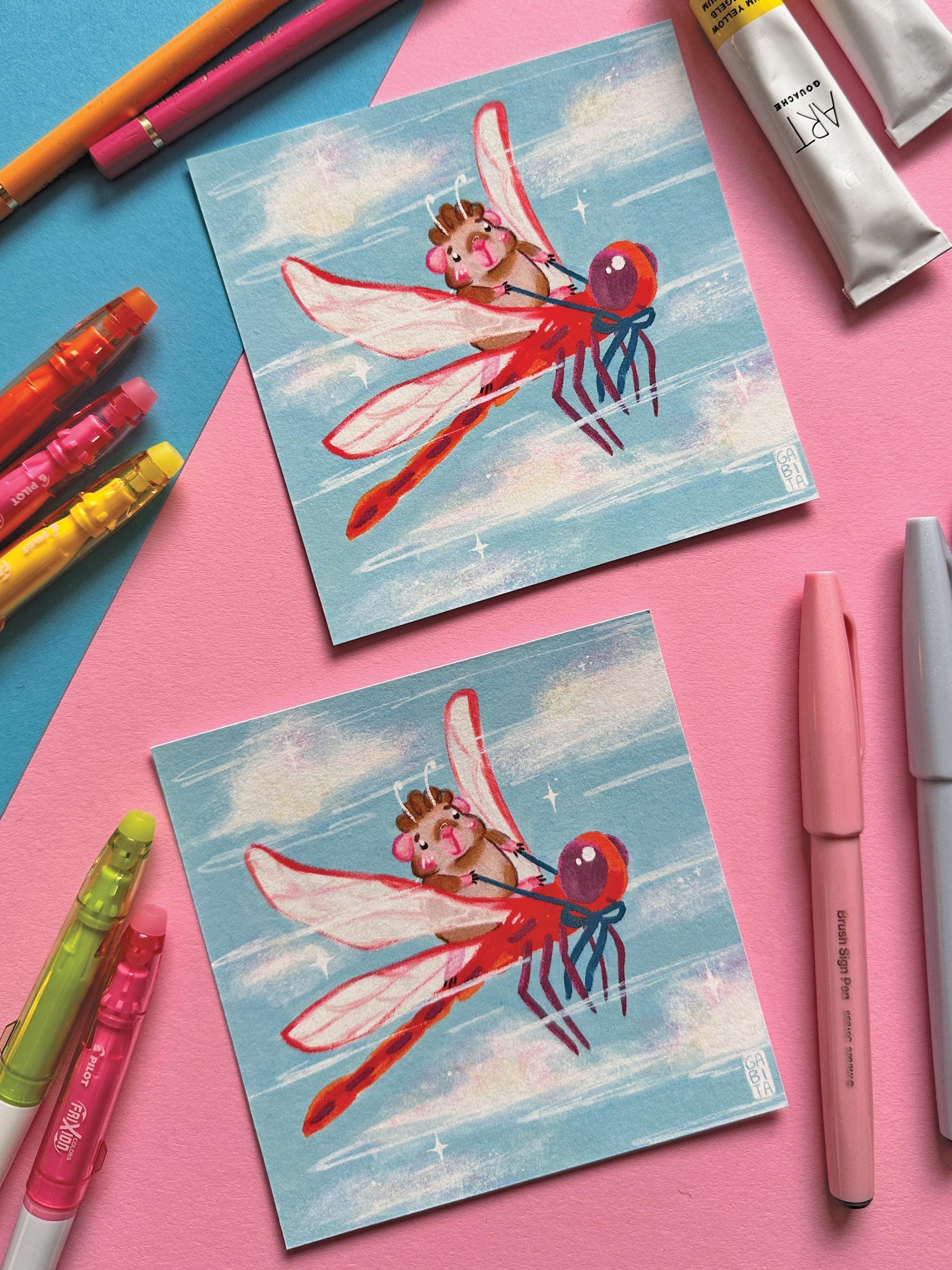 My speedy Friend | Fairy Pig | Square Art Print | Hand Drawn Illustration, Home decor, cute, cozy, animal, guinea pig,