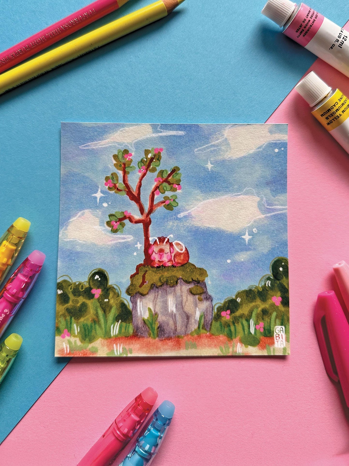 Calming Rest | Square Art Print | Hand Drawn Illustration, Home decor, cute, cozy, animal, guinea pig, floral art