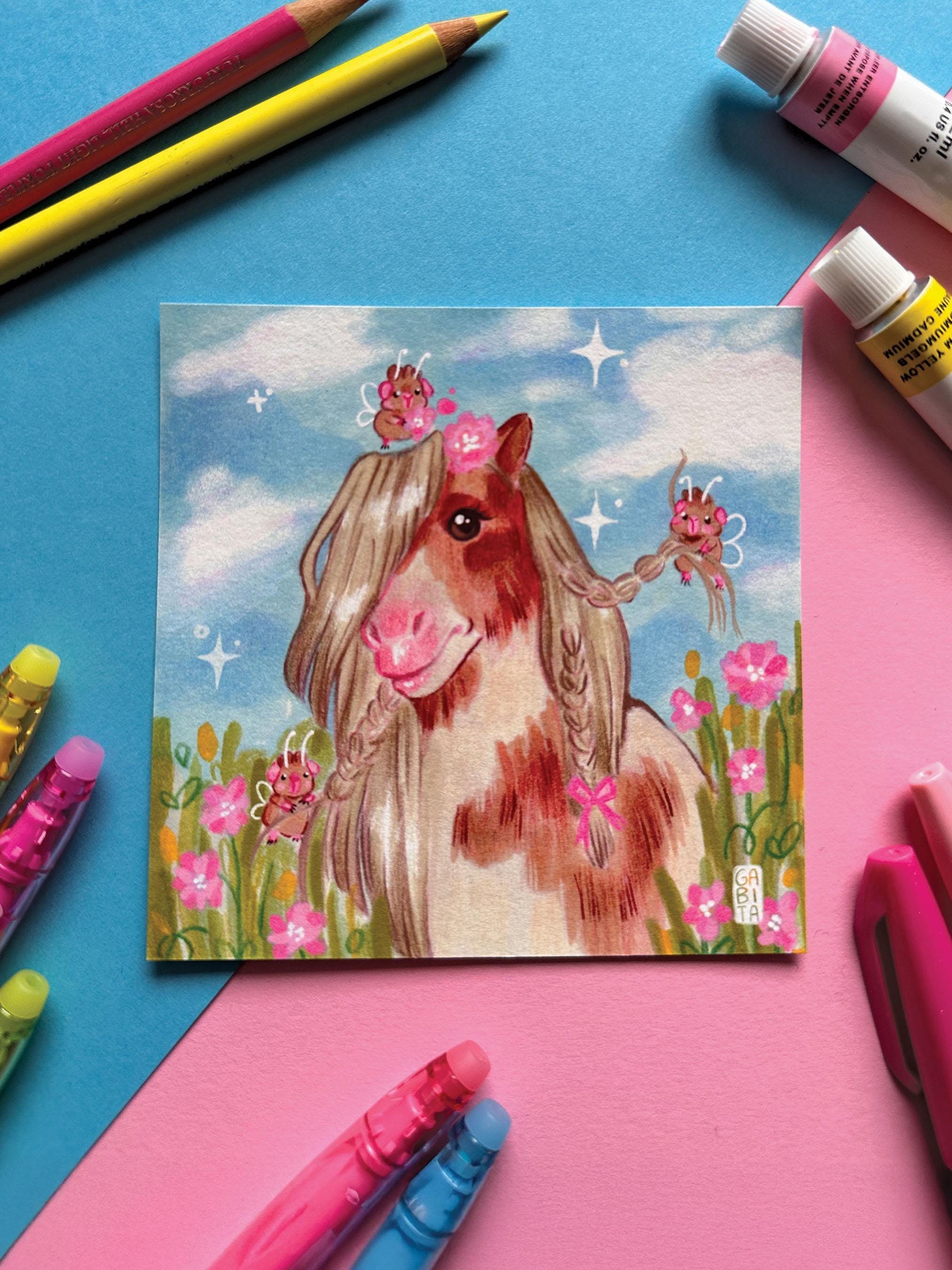 Pretty Pony | Square Art Print | Hand Drawn Illustration, Home decor, cute, cozy, animal, guinea pig, pony, wholesome art