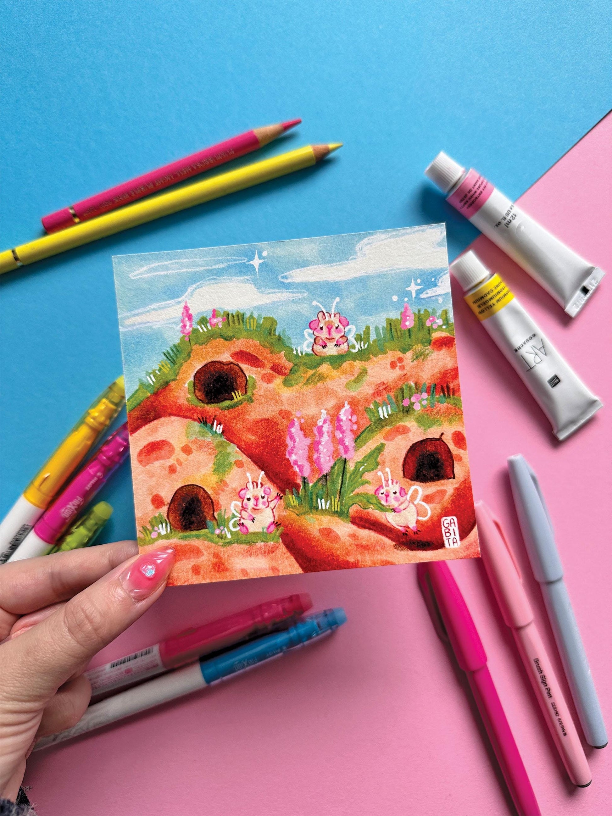 Village of Fairy Pigs | Square Art Print | Hand Drawn Illustration, Home decor, cute, cozy, animal, guinea pig, floral art