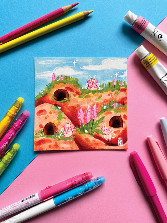 Village of Fairy Pigs | Square Art Print | Hand Drawn Illustration, Home decor, cute, cozy, animal, guinea pig, floral art