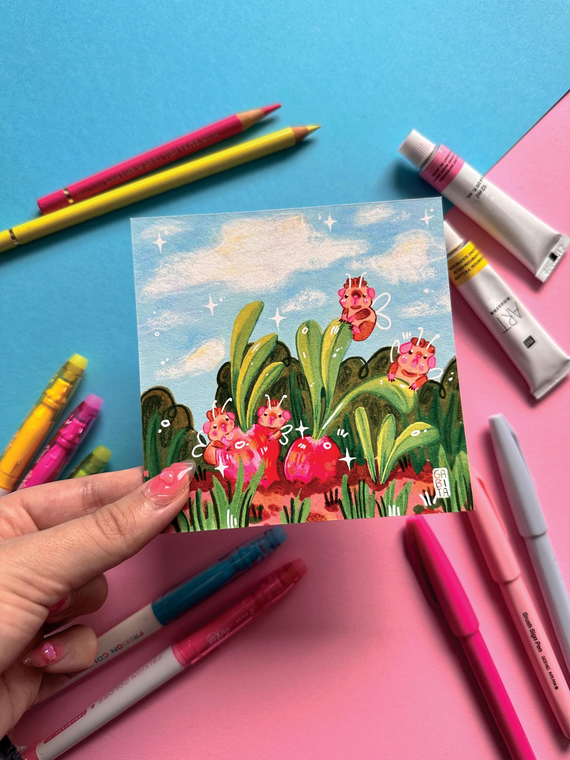 Yummy Radishes | Square Art Print | Hand Drawn Illustration, Home decor, cute, cozy, animal, guinea pig, floral art