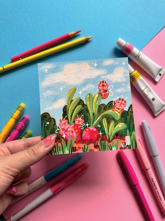 Yummy Radishes | Square Art Print | Hand Drawn Illustration, Home decor, cute, cozy, animal, guinea pig, floral art