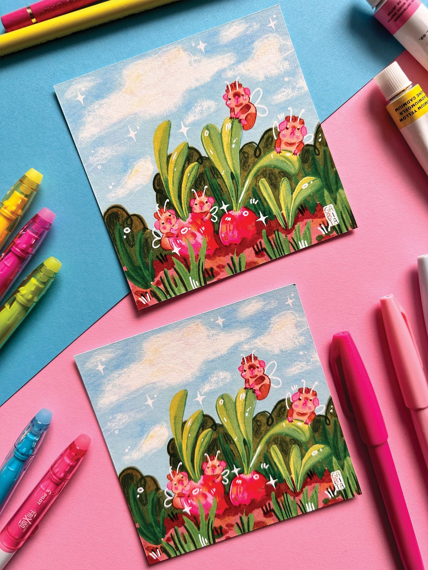 Yummy Radishes | Square Art Print | Hand Drawn Illustration, Home decor, cute, cozy, animal, guinea pig, floral art