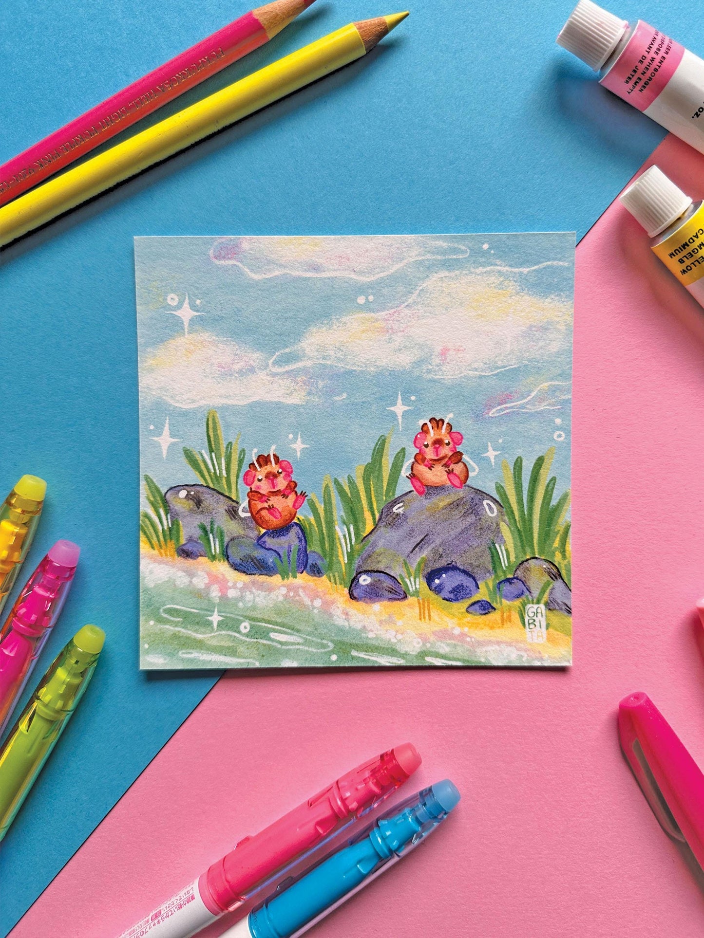 Relaxing at the Beach | Square Art Print | Hand Drawn Illustration, Home decor, cute, cozy, animal, guinea pig, floral art