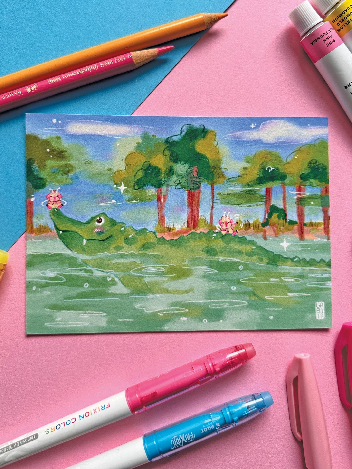 Let's be Friends | Fairy Pig | Crocodile | Art Print | Hand Drawn Illustration, Home decor, cute, cozy, animal, guinea pig