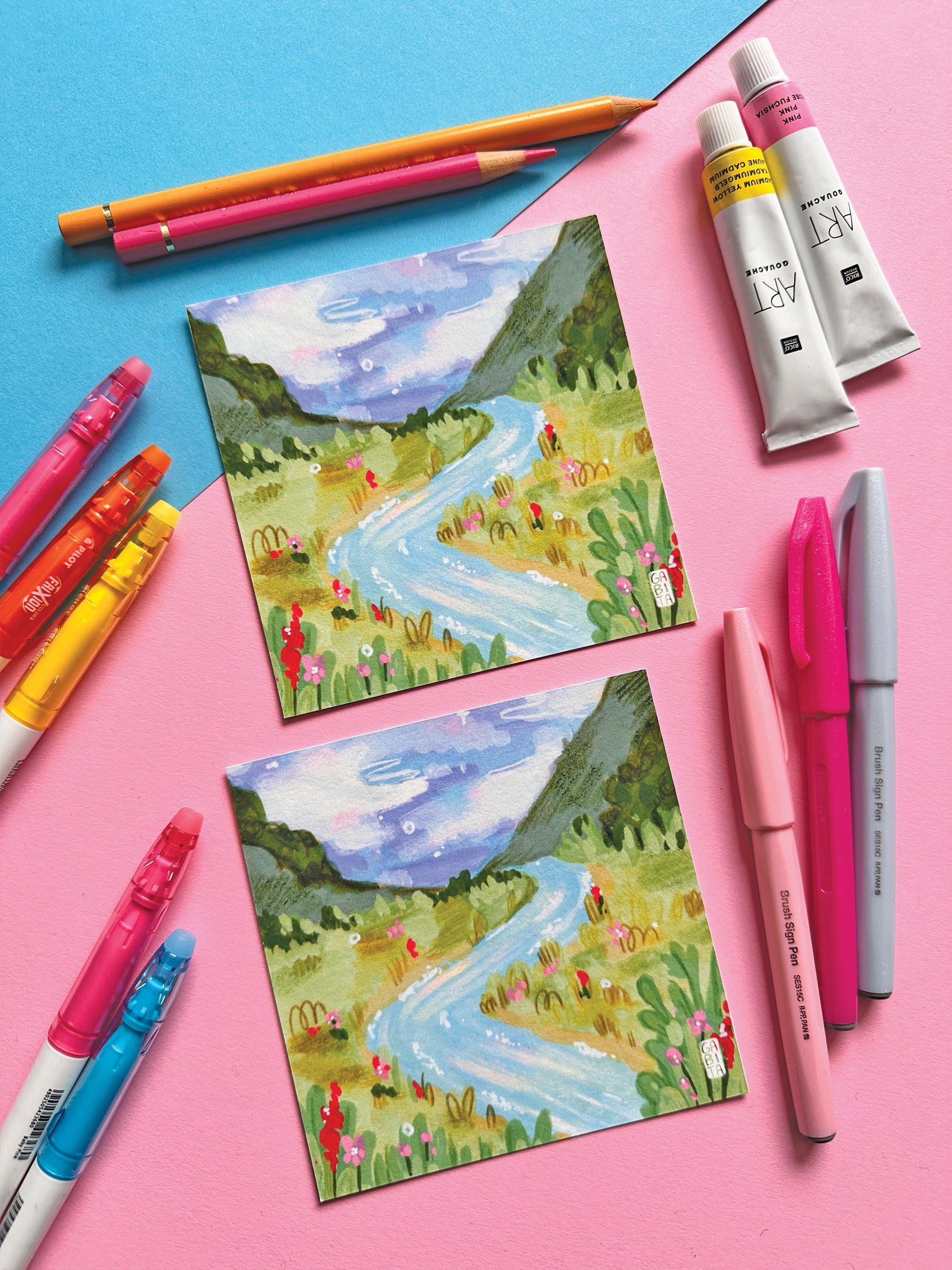 River Landscape | Square Art Print | Hand Drawn Illustration, Home decor, cute, cozy, floral art, astel aesthetic