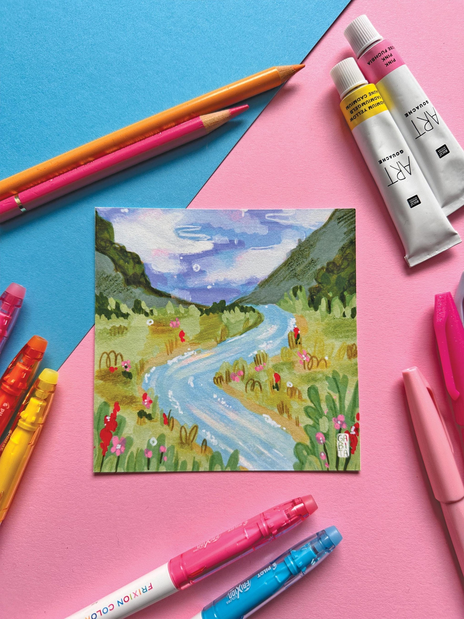 River Landscape | Square Art Print | Hand Drawn Illustration, Home decor, cute, cozy, floral art, astel aesthetic