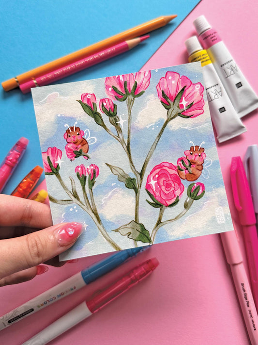 Rose Buds & Piggies | Square Art Print | Hand Drawn Illustration, Home decor, cute, cozy, animal, guinea pig, floral art