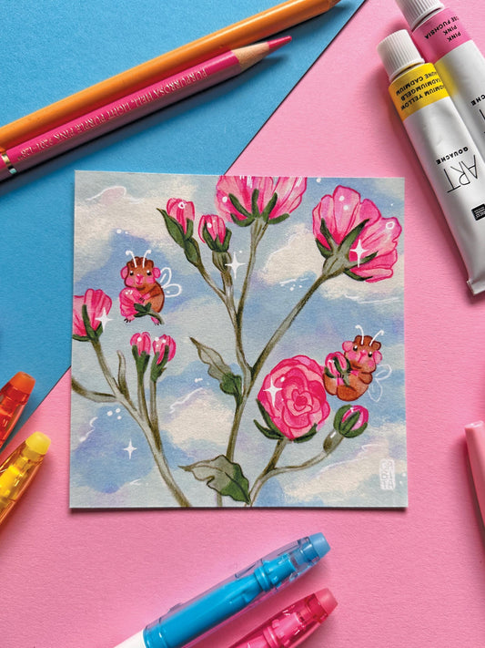 Rose Buds & Piggies | Square Art Print | Hand Drawn Illustration, Home decor, cute, cozy, animal, guinea pig, floral art