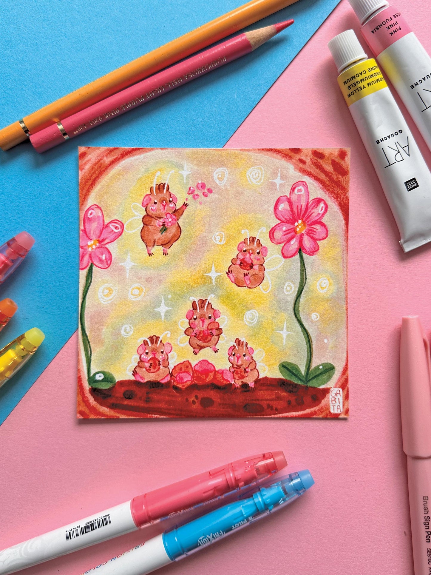 Let's have a Party | Square Art Print | Hand Drawn Illustration, Home decor, cute, cozy, animal, guinea pig, floral art