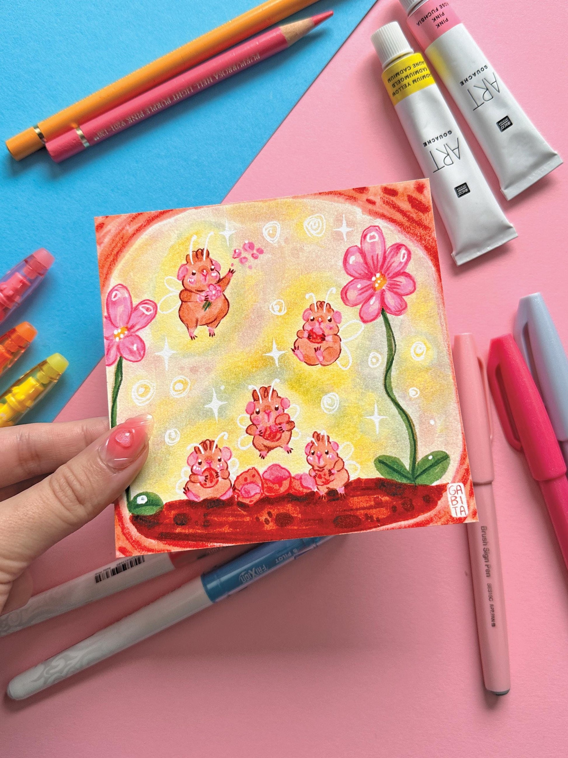 Let's have a Party | Square Art Print | Hand Drawn Illustration, Home decor, cute, cozy, animal, guinea pig, floral art