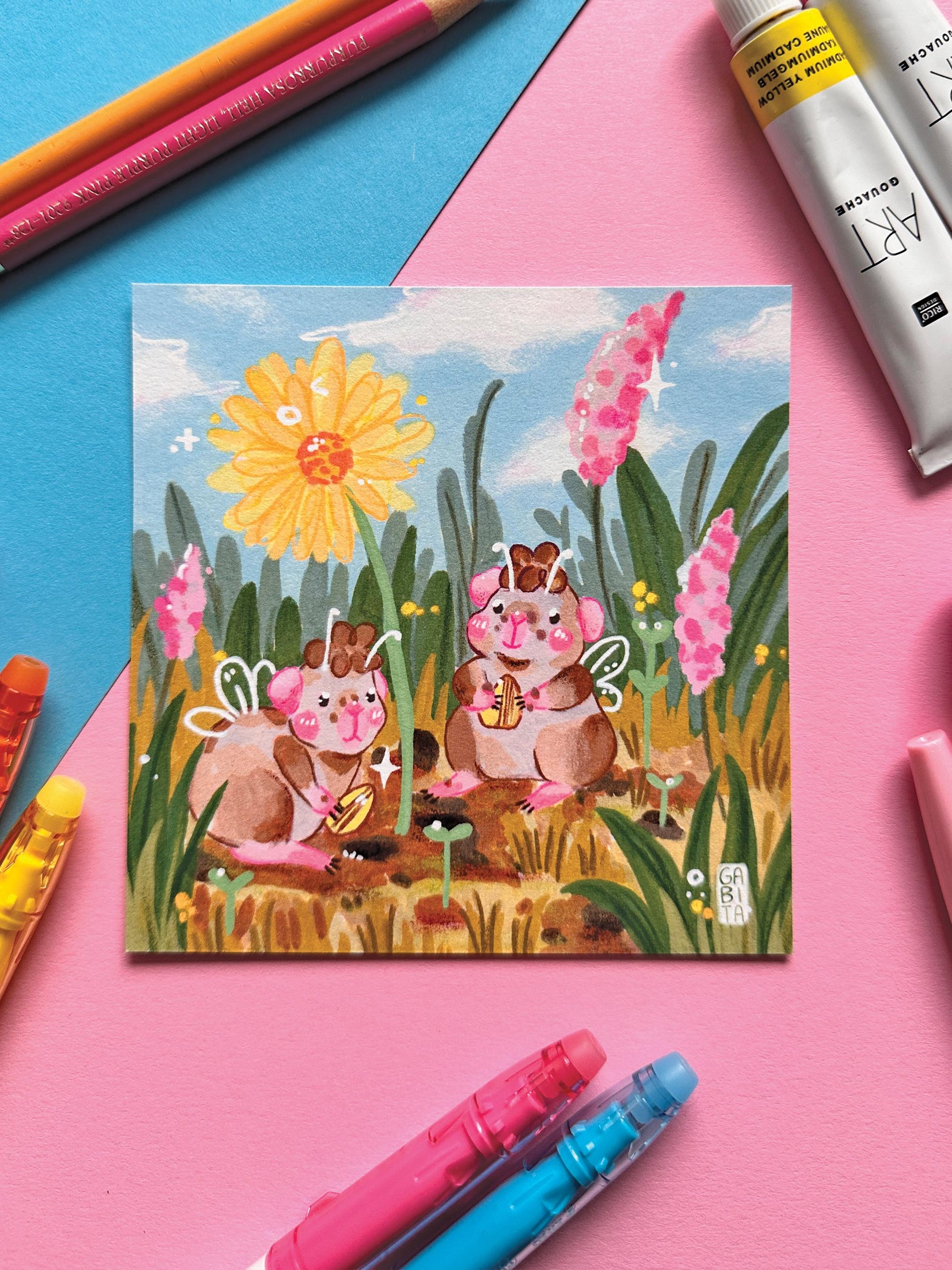 Little Gardeners | Square Art Print | Hand Drawn Illustration, Home decor, cute, cozy, animal, guinea pig, floral art