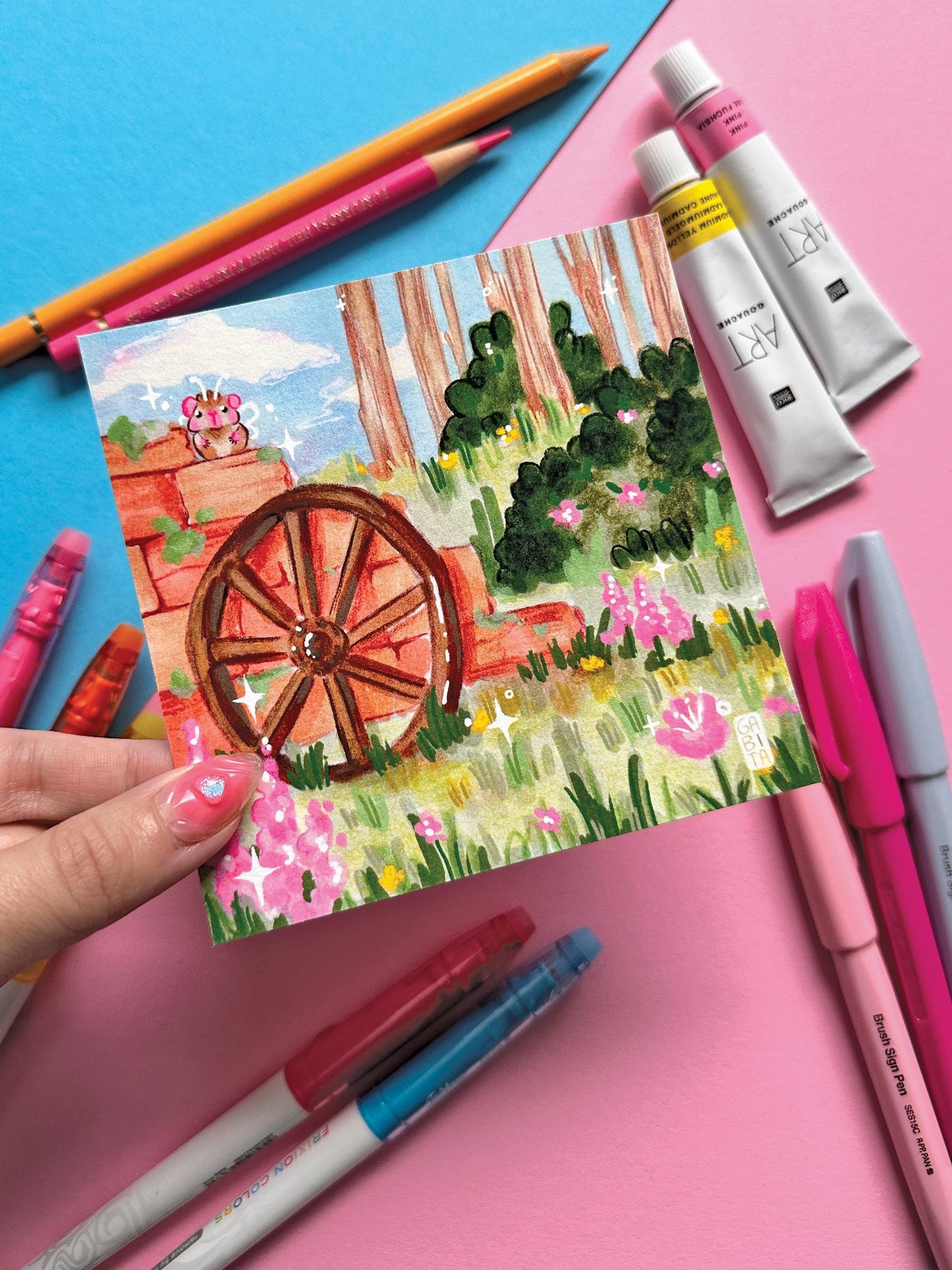 Serene Garden | Square Art Print | Hand Drawn Illustration, Home decor, cute, cozy, animal, guinea pig, floral art