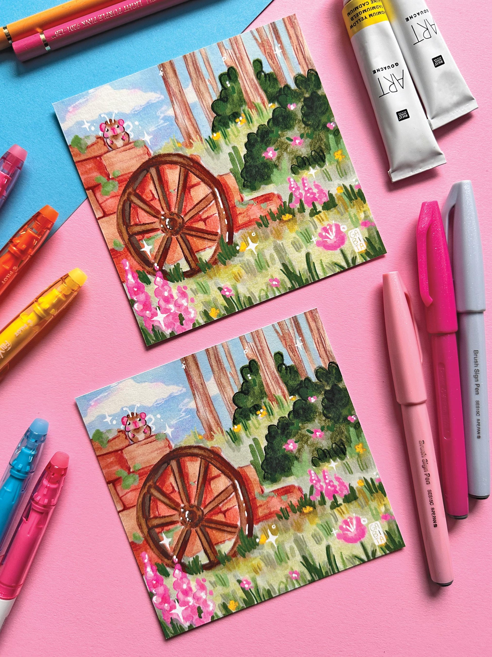 Serene Garden | Square Art Print | Hand Drawn Illustration, Home decor, cute, cozy, animal, guinea pig, floral art