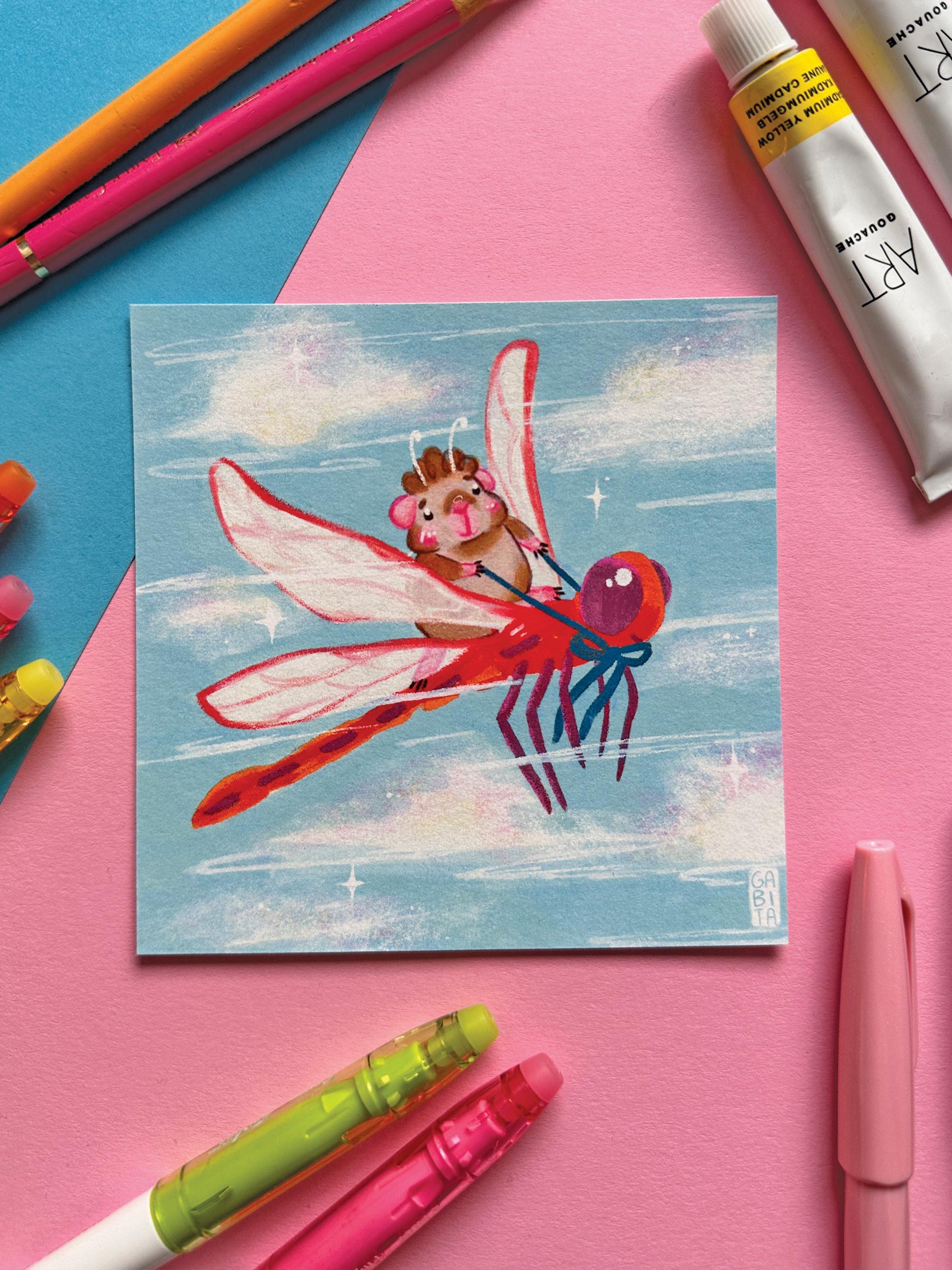 My speedy Friend | Fairy Pig | Square Art Print | Hand Drawn Illustration, Home decor, cute, cozy, animal, guinea pig,