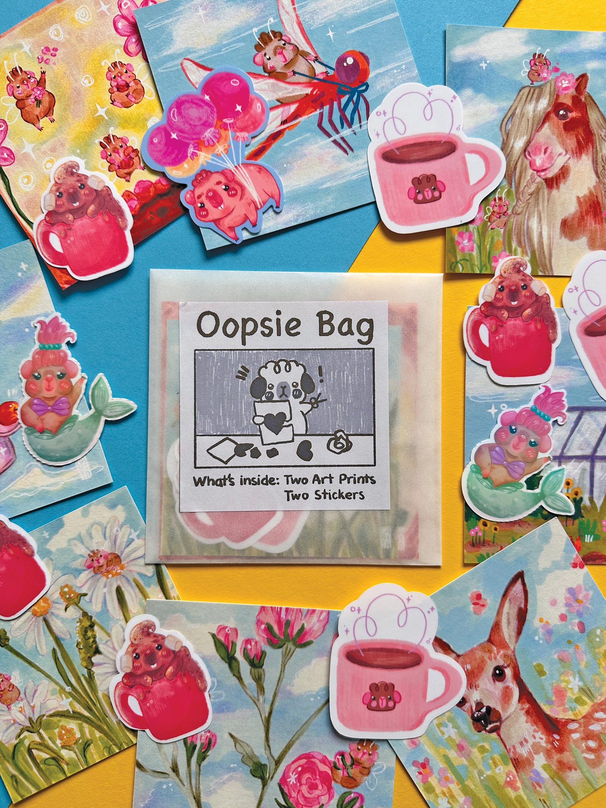 Oopsie Mystery Big Bag | Square Art Print | Waterproof Vinyl Sticker | Hand Drawn Illustration, Home decor, cute, cozy, animal, guinea pig